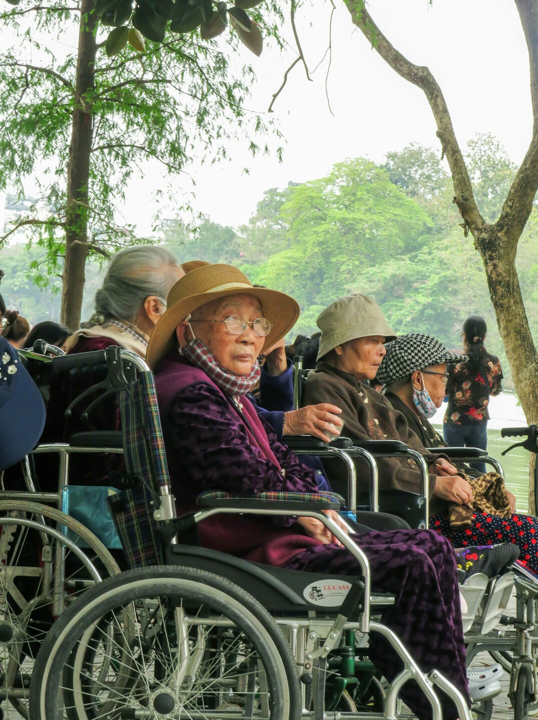 Seniors doing gentle fitness exercises in a bright hall